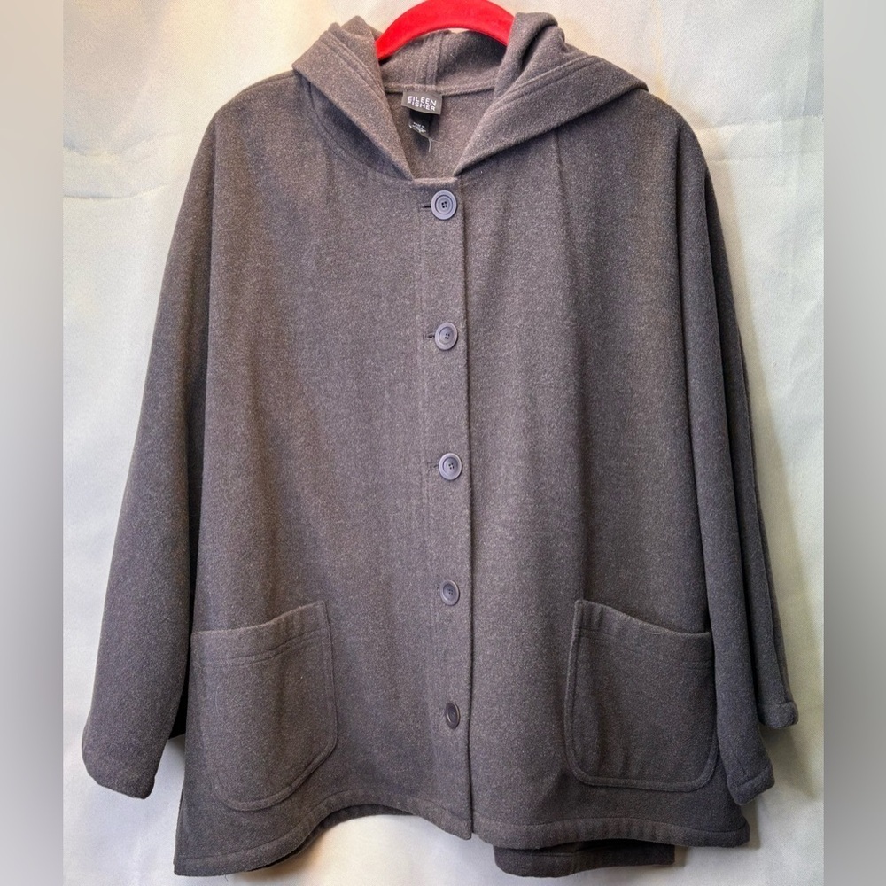 Eileen Fisher Women's 100% Wool Gray Boxy Oversized Lightweight Hooded Jacket L